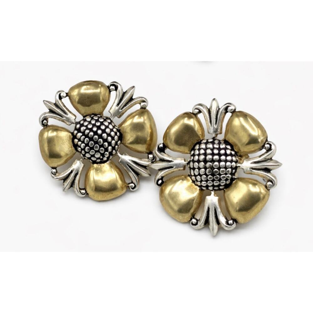Vintage Dara Ettinger 1989 Signed Clip Earrings Mixed Metal Flower Gold Silver